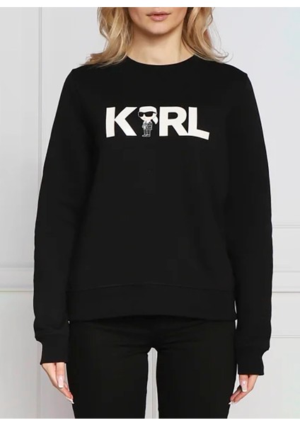 Bisiklet Yaka Baskılı Siyah Kadın Sweatshirt 230W1804