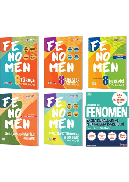 Fenomen Okul 8. Sınıf Türkçe + Paragraf + Dil Bilgisi + Görsel + Yazım + Ata Söz Soru Seti 6 Kitap