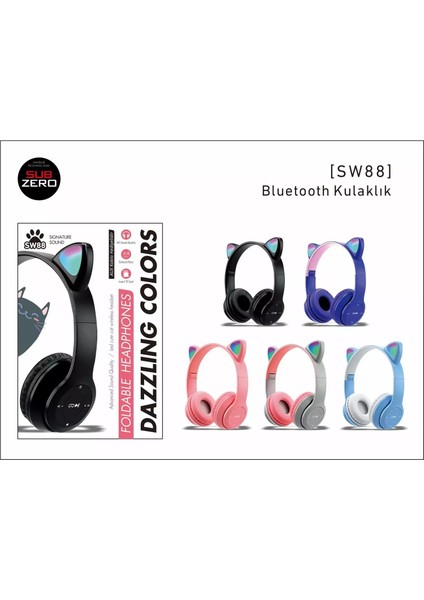 SW88 Bluetooth Kedi Kulaklık Katlanabilir Kulaklık -Mavi