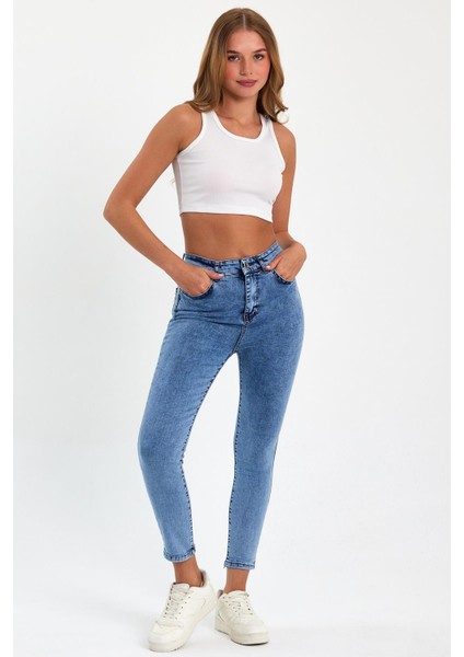 Mavi Yüksek Bel Dar Paça Skinny Power Likralı Kot Pantalon Trefjeans-1-Mavi