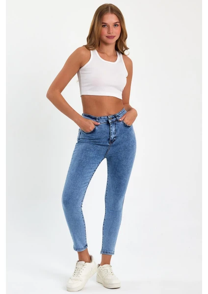 Tref Jns Mavi Yüksek Bel Dar Paça Skinny Power Likralı Kot Pantalon Trefjeans-1-Mavi