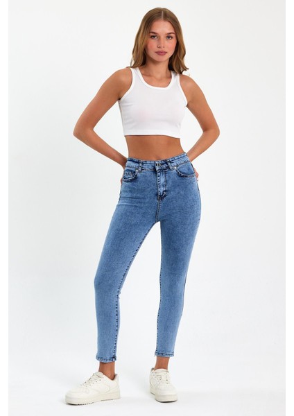 Mavi Yüksek Bel Dar Paça Skinny Power Likralı Kot Pantalon Trefjeans-1-Mavi