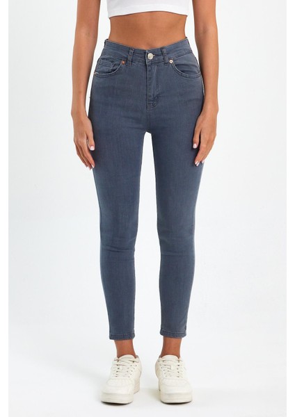 Gri Yüksek Bel Dar Paça Skinny Power Likralı Kot Pantalon Trefjeans-1-Gri fiyatları