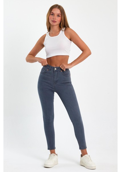 Gri Yüksek Bel Dar Paça Skinny Power Likralı Kot Pantalon Trefjeans-1-Gri modelleri