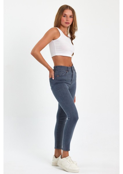 Gri Yüksek Bel Dar Paça Skinny Power Likralı Kot Pantalon Trefjeans-1-Gri fırsatları