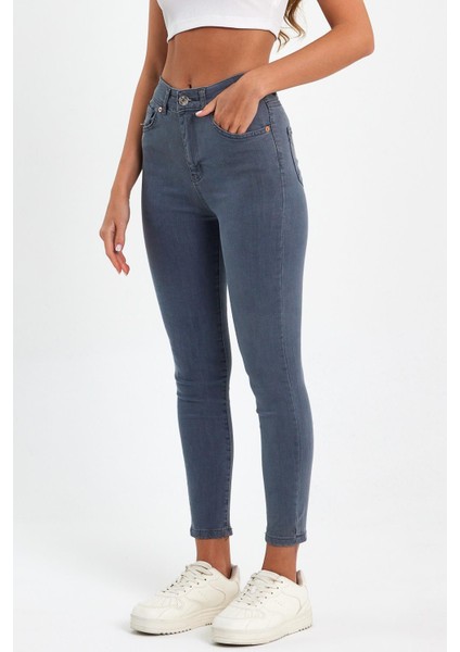 Gri Yüksek Bel Dar Paça Skinny Power Likralı Kot Pantalon Trefjeans-1-Gri indirimleri