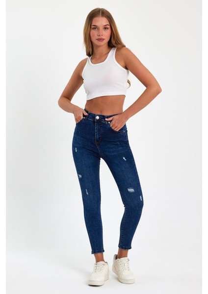 Mavi Yırtık Yüksek Bel Dar Paça Skinny Power Likralı Kot Pantalon Trefjeans-2-Mavi-Yırtık