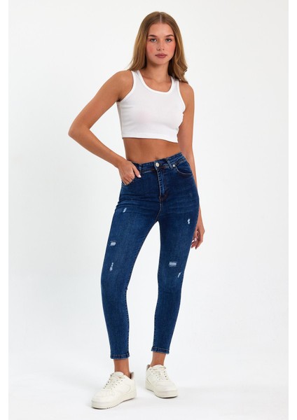 Mavi Yırtık Yüksek Bel Dar Paça Skinny Power Likralı Kot Pantalon Trefjeans-2-Mavi-Yırtık