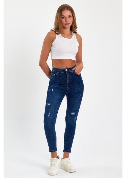 Mavi Yırtık Yüksek Bel Dar Paça Skinny Power Likralı Kot Pantalon Trefjeans-2-Mavi-Yırtık