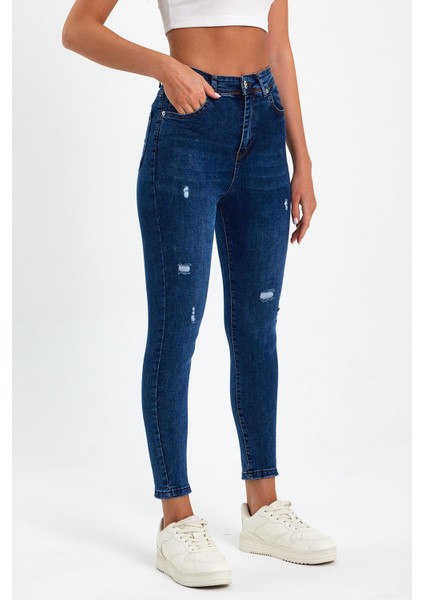 Mavi Yırtık Yüksek Bel Dar Paça Skinny Power Likralı Kot Pantalon Trefjeans-2-Mavi-Yırtık