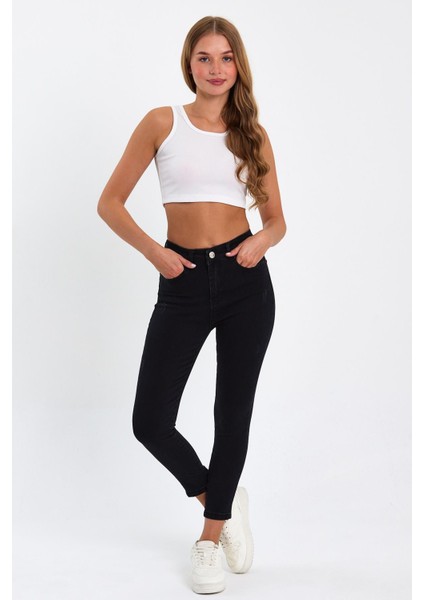 Siyah Tırnaklı Yüksek Bel Dar Paça Likralı Kot Pantalon TREF-SIYAH-DAR-PACA-12354