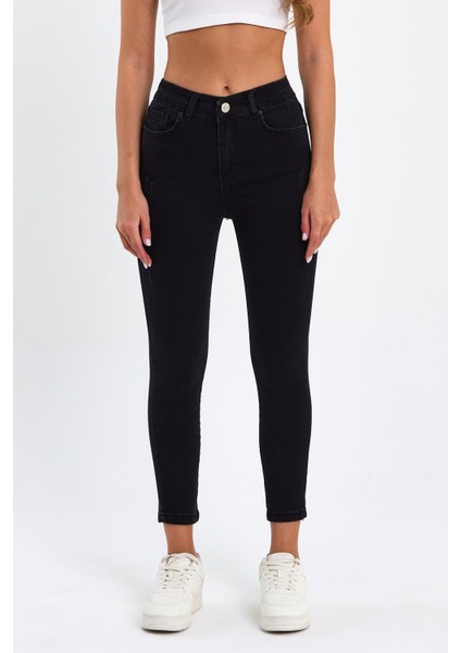 Siyah Tırnaklı Yüksek Bel Dar Paça Likralı Kot Pantalon TREF-SIYAH-DAR-PACA-12354 fiyatları