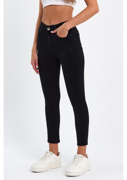 Siyah Tırnaklı Yüksek Bel Dar Paça Likralı Kot Pantalon TREF-SIYAH-DAR-PACA-12354 modelleri