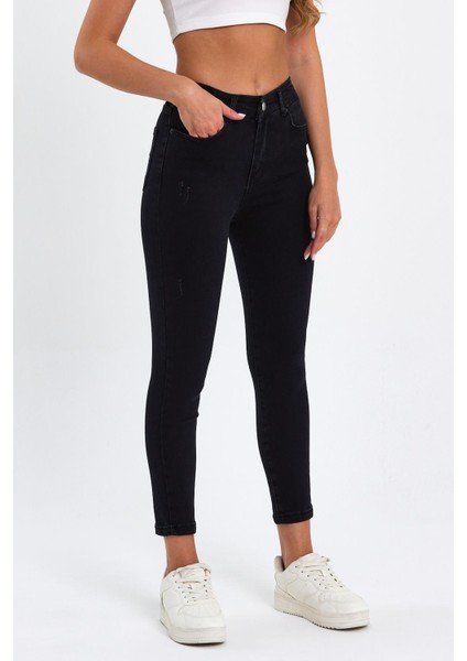 Siyah Tırnaklı Yüksek Bel Dar Paça Likralı Kot Pantalon TREF-SIYAH-DAR-PACA-12354 fırsatları
