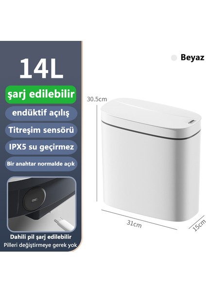 14 Lt Akıllı Çöp Kovası - Beyaz (Yurt Dışından)