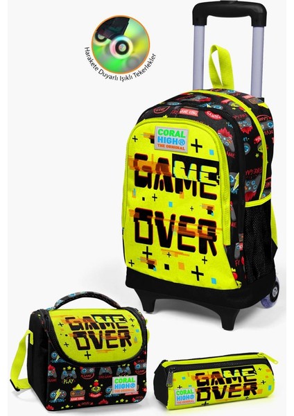 Kids Siyah Neon Sarı Game Over Desenli Çekçekli 3'lü Çanta Seti GOSET0123928