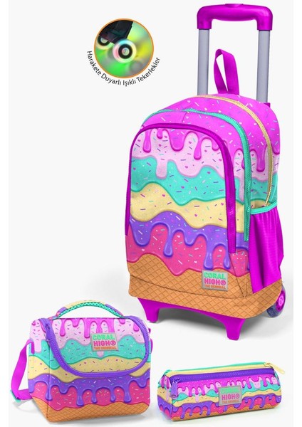 Kids Pembe Rengarenk Dondurma Desenli Çekçekli 3'lü Çanta Seti GOSET0123931