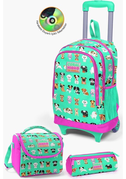 Kids Su Yeşili Neon Pembe Köpek Desenli Çekçekli 3'lü Çanta Seti GOSET0123362