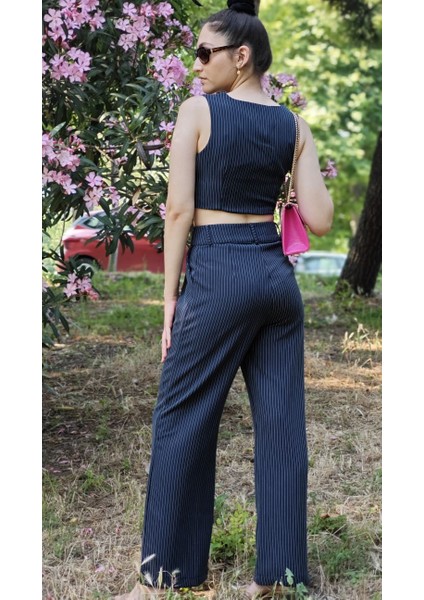Yagmur Beren Çizgili Desen Duble Kumaş Yelekli Plazzo Zara Pantolon Takım indirimleri