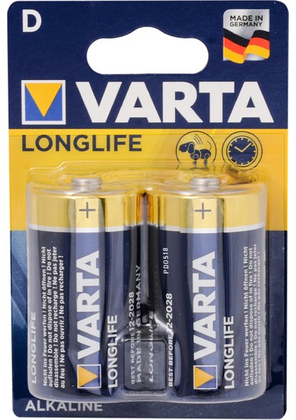 Elektrikli Ana Kucağı Pili D Tip D Boy Tombul Büyük Pil Alkaline Varta Longlife 2'li Alkalin Büyük Boy Pil D Sarı