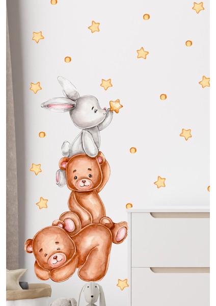 Sevimli Ayıcıklar, Tavşan, Yıldız ve Puantiyeler Çocuk Bebek Odası Duvar Sticker Seti