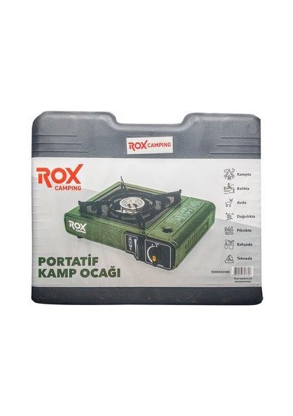 Rox Camping 0188 Tekli Portatif Kamp Ocak - Haki Yeşil, Rüzgarlıklı, Ekstra Gaz Girişli