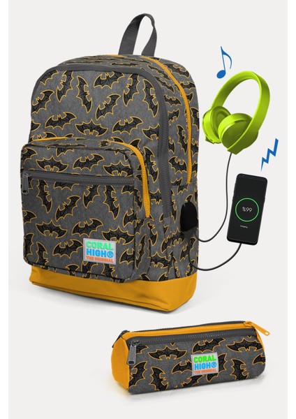 Kids Koyu Gri Hardal Yarasa Desenli Usb'li 2'li Okul Çanta Seti SET0223821
