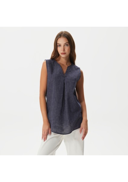 Nautıca Kadın Lacivert Kolsuz Çizgili Gömlek 35W215T.4VN