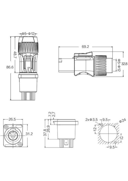 YF-24-C03SX-02-002 3-Pin IP67 Powercon Konnektör - Çıkış modelleri