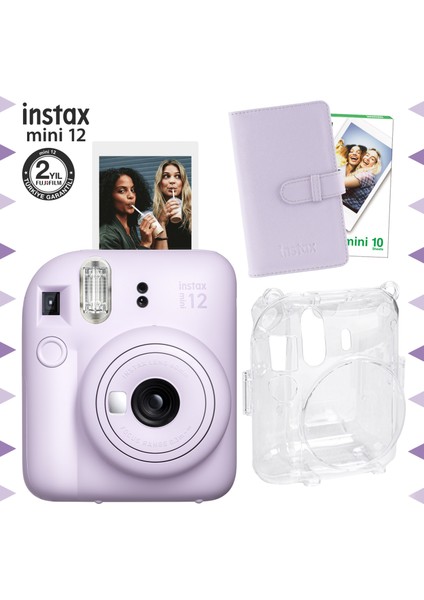 Instax Mini 12 Lila Fotoğraf Makinesi-10'lu Film-Laporta Albüm ve Şeffaf Kılıf Seti