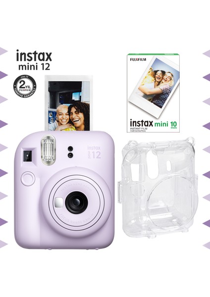 Instax Mini 12 Lila Fotoğraf Makinesi-10'lu Film ve Şeffaf Kılıf Seti
