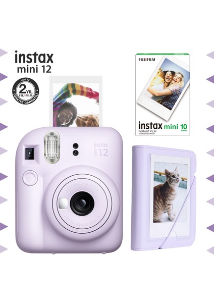 Instax Mini 12 Lila Fotoğraf Makinesi-10'lu Film ve Mini Albüm Seti