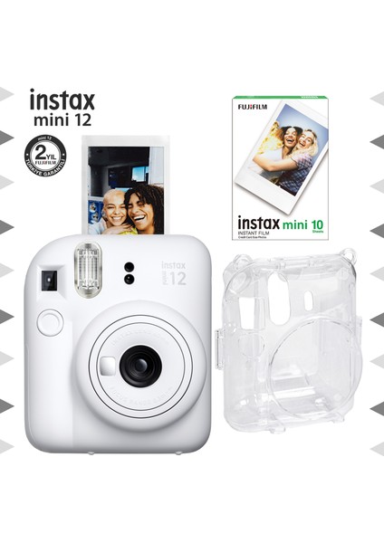 Instax Mini 12 Beyaz Fotoğraf Makinesi-10'lu Film ve Şeffaf Kılıf Seti