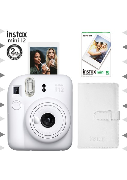 Instax Mini 12 Beyaz Fotoğraf Makinesi-10'lu Film ve Laporta Albüm SETI-FOTSI198-S3-10-LA