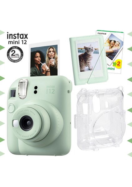 Instax Mini 12 Yeşil Fotoğraf Makinesi-20'li Film-Mini Albüm ve Şeffaf Kılıf Seti