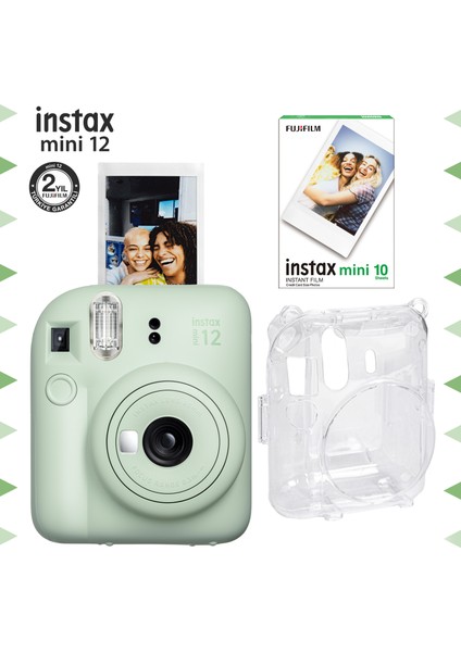Instax Mini 12 Yeşil Fotoğraf Makinesi-10'lu Film ve Şeffaf Kılıf Seti