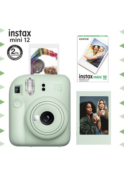 Instax Mini 12 Yeşil Fotoğraf Makinesi-Çerçeve ve 10'lu Mini Film Seti