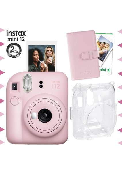 Instax Mini 12 Pembe Fotoğraf Makinesi-10'lu Film-Laporta Albüm ve Şeffaf Kılıf Seti