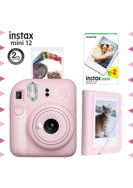 Instax Mini 12 Pembe Fotoğraf Makinesi-20'li Film ve Mini Albüm Seti