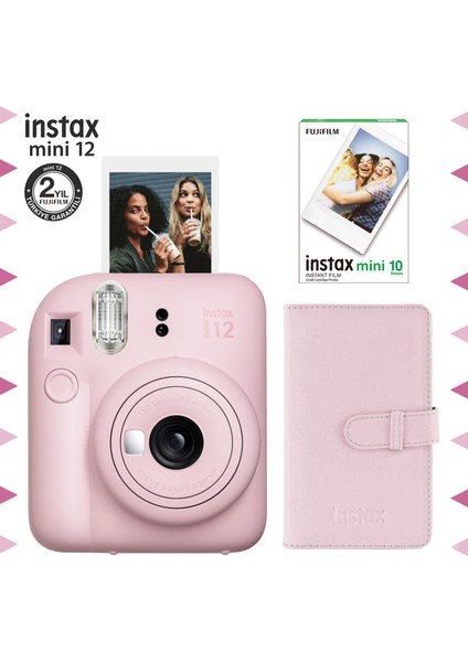 Instax Mini 12 Pembe Fotoğraf Makinesi-10'lu Film ve Laporta Albüm Seti