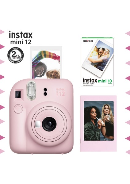 Instax Mini 12 Pembe Fotoğraf Makinesi-Çerçeve ve 10'lu Mini Film Seti