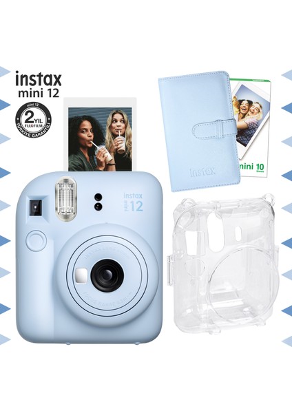 Instax Mini 12 Mavi Fotoğraf Makinesi-10'lu Film-Laporta Albüm ve Şeffaf Kılıf Seti