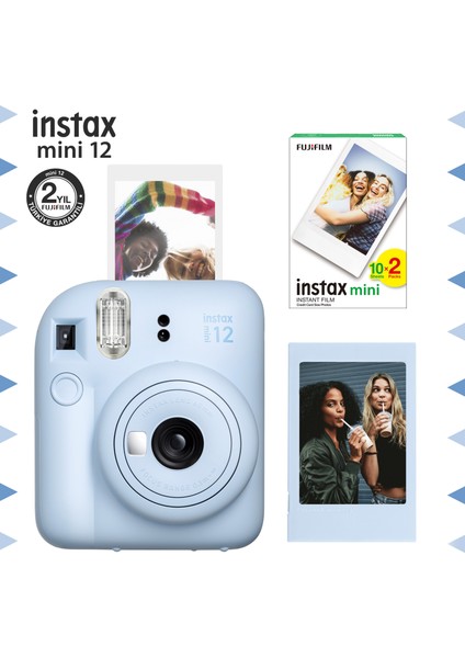 Instax Mini 12 Mavi Fotoğraf Makinesi-Çerçeve ve 20'li Mini Film Seti