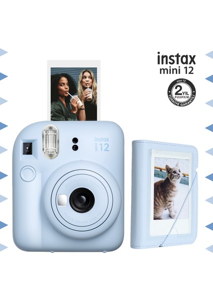 Instax Mini 12 Mavi Fotoğraf Makinesi ve 28'li Mini Albüm Seti
