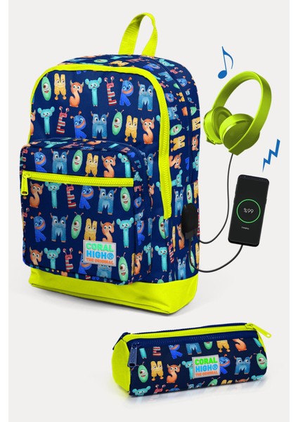 Kids Lacivert Neon Sarı Monster Desenli Usb'li 2'li Okul Çanta Seti SET0123826