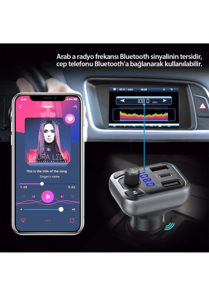 Earldom Bluetooth Usb3.0 ve Type C Pd Hızlı Şarj Fm Transmitter Araç Çakmaklık Şarj Aleti