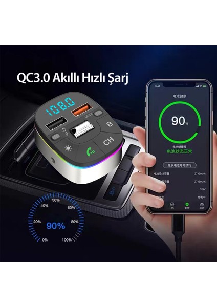 Earldom Bluetooth Usb3.0 Hızlı Şarj Fm Transmitter Araç Çakmaklık Şarj Aleti
