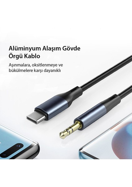 Type-C To 3.5mm Aux Ses Kablosu Hi-Fi Ses Kalitesi Kırılmaz Hasır Örgü Alüminyum Gövde 1 Metre