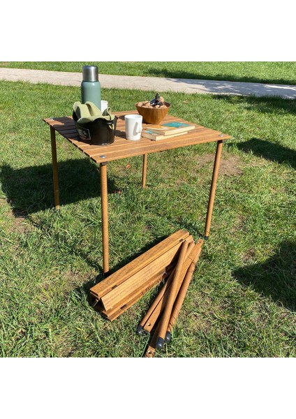 Ahşap Katlanır Masa Sandalye Seti Kahverengi - Bej Kılıf 70X70X55 Kahverengi Masa