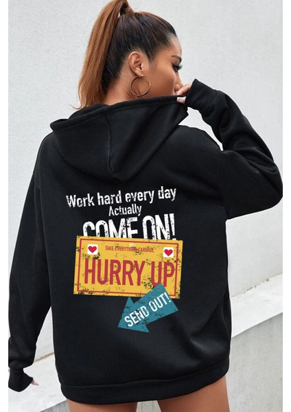 Oversize Hurry Up Baskılı Sweatshirt